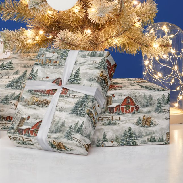 Papel De Presente Casa de Fazenda Rústica Coberta de Neve Padrão de  (Feriados)