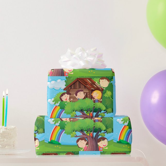 Papel De Presente Casa de madeira para crianças com Arco-íris e Cria (Criador carregado)