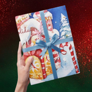 Papel De Presente Casa de Natal com Bengala de Natal Feliz Férias