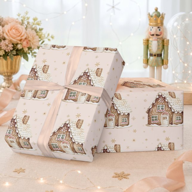 Papel De Presente Casa de Pão de Mel Natalícia em Aquarela (Watercolor Gingerbread House Christmas Holiday Wrapping Paper)