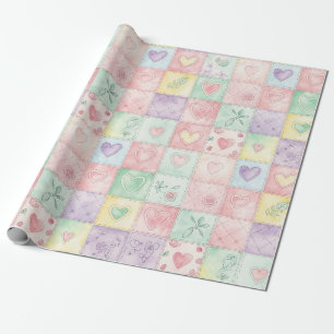 Papel De Presente Casa Floral Vintage de Patchwork Xadrez Pastel