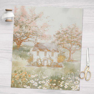 Papel De Presente Casa Vintage na Arte Cottagecore do Prado Verde