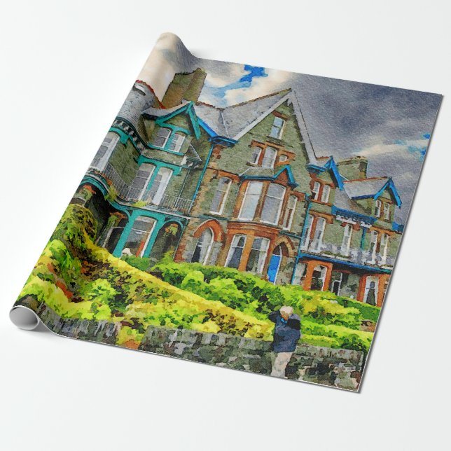 Papel De Presente Casa vitoriana em Keswick pintada em aquarela (Desenrolado)
