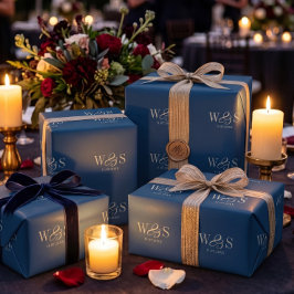 Papel De Presente Casais de noivos iniciais em azul naval elegante