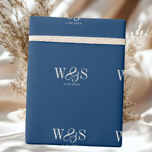 Papel De Presente Casais de noivos iniciais em azul naval elegante