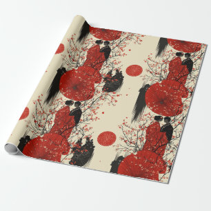 Papel De Presente Casais Românticos com Quimonos e Sakura Padrão (4)