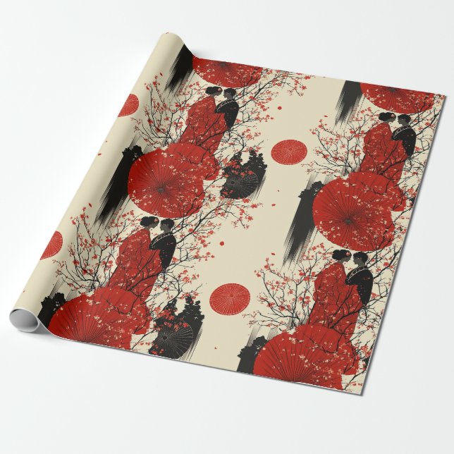 Papel De Presente Casais Românticos com Quimonos e Sakura Padrão (4) (Desenrolado)