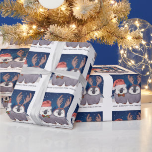 Papel De Presente Casal de Pinguins Natal Fofo Papai Noel e Rena