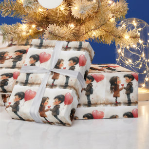 Papel De Presente Casal Fofo em Aquarela com Balão em Forma de Coraç