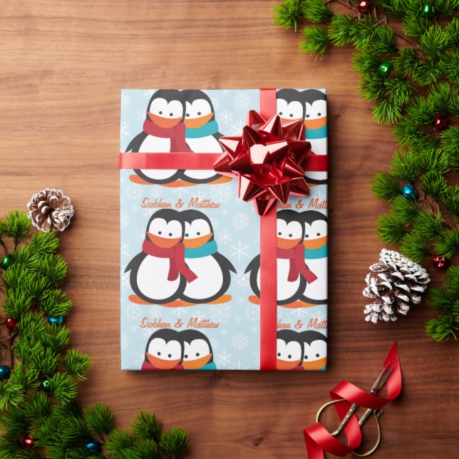 Papel De Presente Casal Penguin de Natal Divertido Personalizável (Presente de Natal)