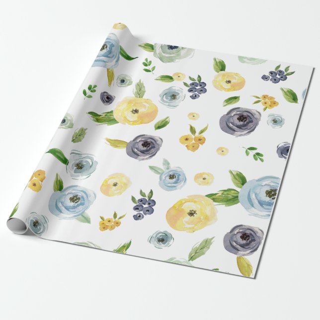 Papel De Presente Casamento amarelo azul do jardim do primavera do (Desenrolado)