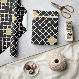 Papel De Presente Casamento Art Déco com Padrão de Monograma Chic em