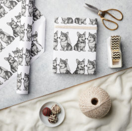 Papel De Presente Casamento Caprichoso em Preto e Branco com Corgi V