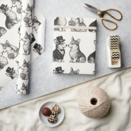 Papel De Presente Casamento Caprichoso Preto e Branco com Corgi Vint