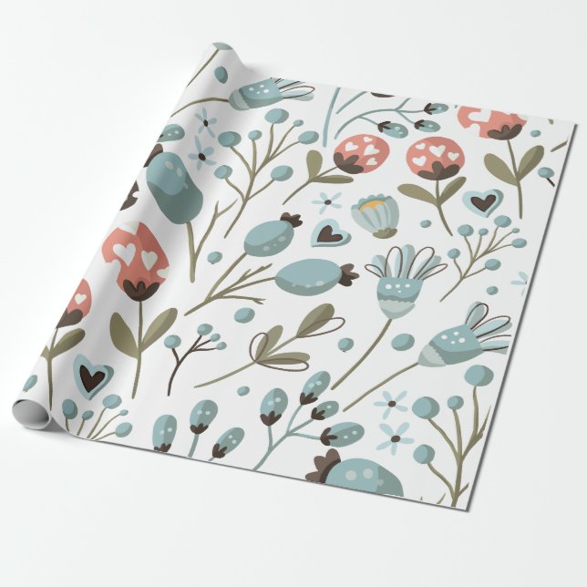 Papel De Presente Casamento com padrão de primavera azul floral (Desenrolado)