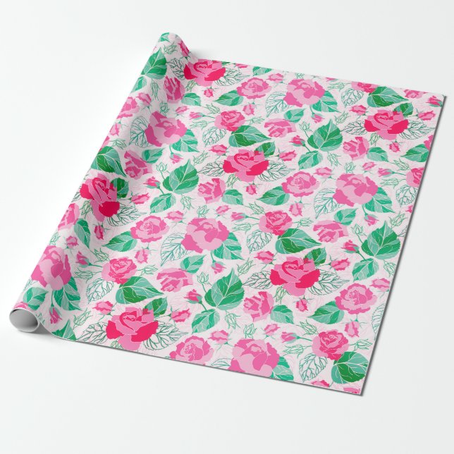 Papel De Presente Casamento das flores de Rosa verde rosa (Desenrolado)