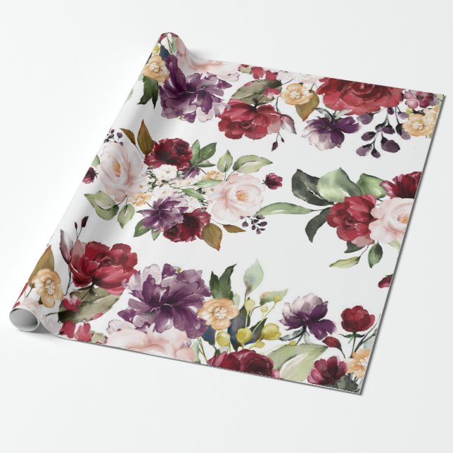 Papel De Presente Casamento de Brurgundy Marsala Merlot Floral Water (Desenrolado)