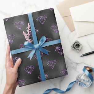 Papel De Presente Casamento de Diamantes Pretos Brilhantes Roxos Fem