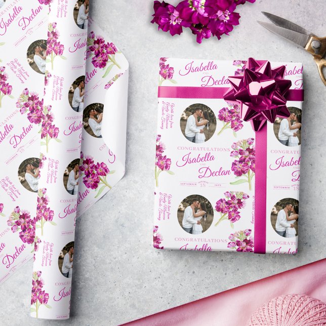 Papel De Presente Casamento de foto personalizada rosa-rosa com flor (Criador carregado)