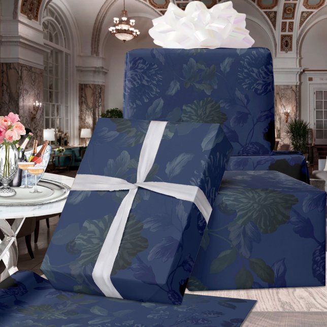 Papel De Presente Casamento de Ombre Floral Azul Preto e Profundo (Criador carregado)