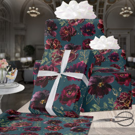 Papel De Presente Casamento de Peony Teal Bordeaux Jewel Tone Burgun