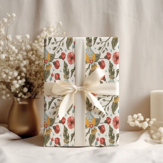 Papel De Presente Casamento de Primavera de Pássaro Quail Floral (Criador carregado)