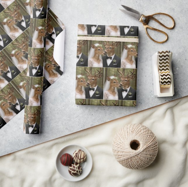 Papel De Presente Casamento de Veado e Corça na Floresta (Artesanato)