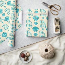 Papel De Presente Casamento de Verão na Praia Conchas Azuis Amarelo