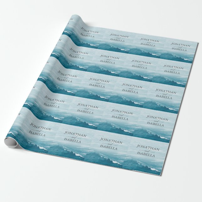 Papel De Presente Casamento de verão pelo mar azul ondulado, ombre o (Desenrolado)