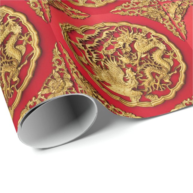 Papel De Presente Casamento Dourado Chinês Vermelho de Phoenix (Ponta do rolo)
