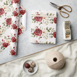 Papel De Presente Casamento Dourado de Rosas de Creme Vermelho