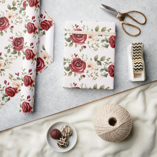 Papel De Presente Casamento Dourado de Rosas de Creme Vermelho (Artesanato)