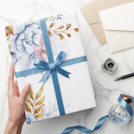 Papel De Presente Casamento Dourado Floral Branco Dusty Blue