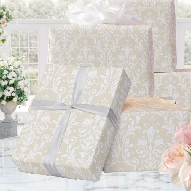 Papel De Presente Casamento Elegante Dourado Damasco Branco Champagn (Criador carregado)