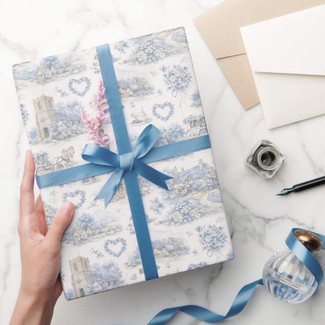 Papel De Presente Casamento em Vila Inglesa em Padrão de Aquarela Az (Presentear)