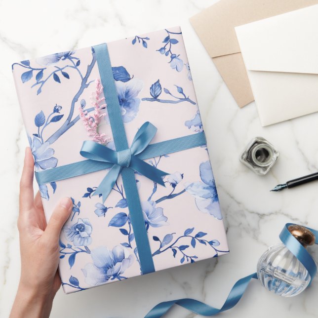 Papel De Presente Casamento Floral Azul Romântico Blush (Presentear)