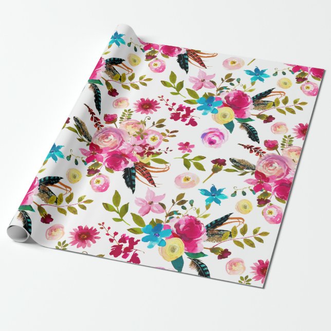 Papel De Presente Casamento Floral Boho Chic Aquarela (Desenrolado)