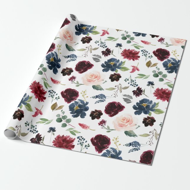 Papel De Presente Casamento Floral Boho Marinho Vermelho Burgundy (Desenrolado)