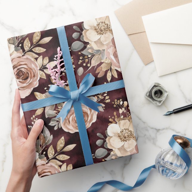 Papel De Presente Casamento Floral Burgundy Red Blush (Presentear)