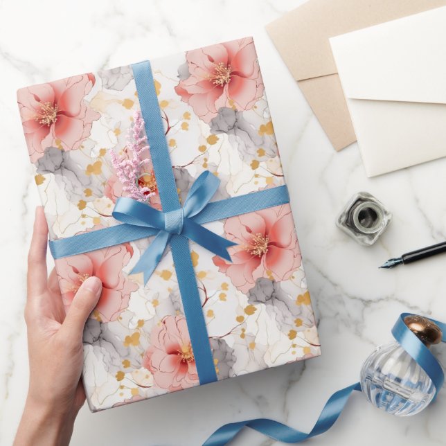 Papel De Presente Casamento Floral Cinza Coral Blush (Presentear)