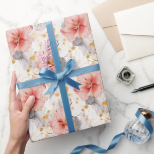 Papel De Presente Casamento Floral Coral Rosa Cinza