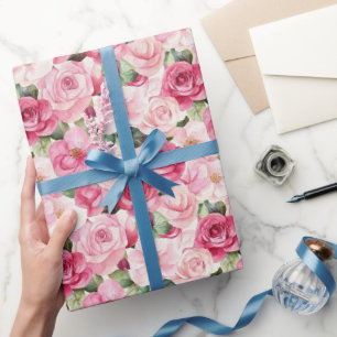 Papel De Presente Casamento Floral de Rosas Rosa Românticas