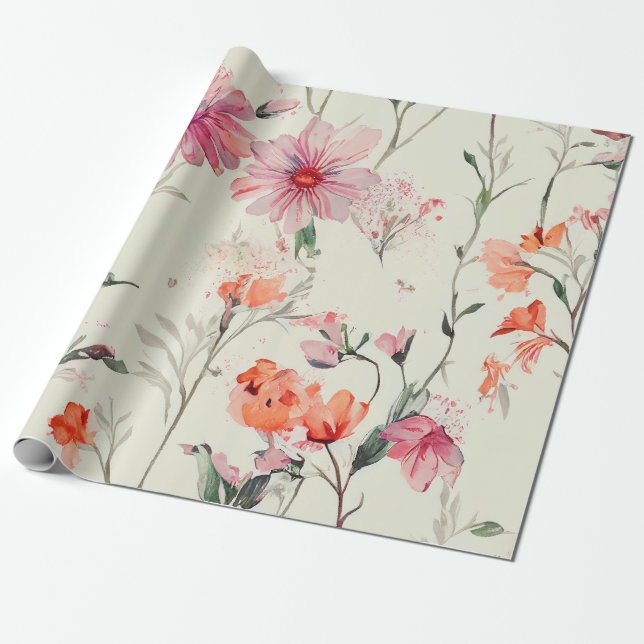 Papel De Presente Casamento Floral Feminina Chic Orange e Rosa (Desenrolado)