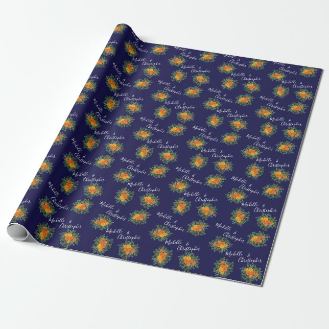 Papel De Presente Casamento Floral Laranja e Marinho Azul (Desenrolado)