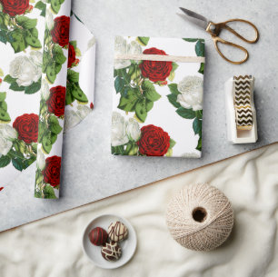 Papel De Presente Casamento Floral Rosa Branca Vermelha Elegante