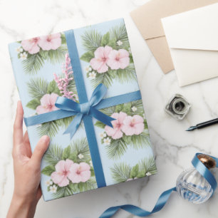Papel De Presente Casamento Floral Tropical Azul-Rosa Hibiscus