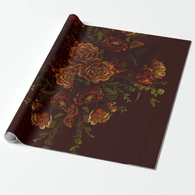 Papel De Presente Casamento Gótico Fall Maroon Laranja Russo (Desenrolado)