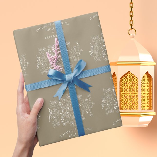 Papel De Presente Casamento Moderninho de Aguarela com Flores Silves (Criador carregado)