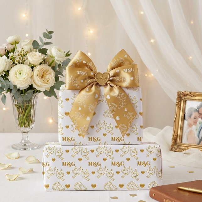 Papel De Presente Casamento Personalizado Branco e Dourado com Monog (Criador carregado)
