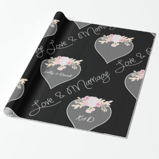 Papel De Presente Casamento Personalizado de Corações e Flores